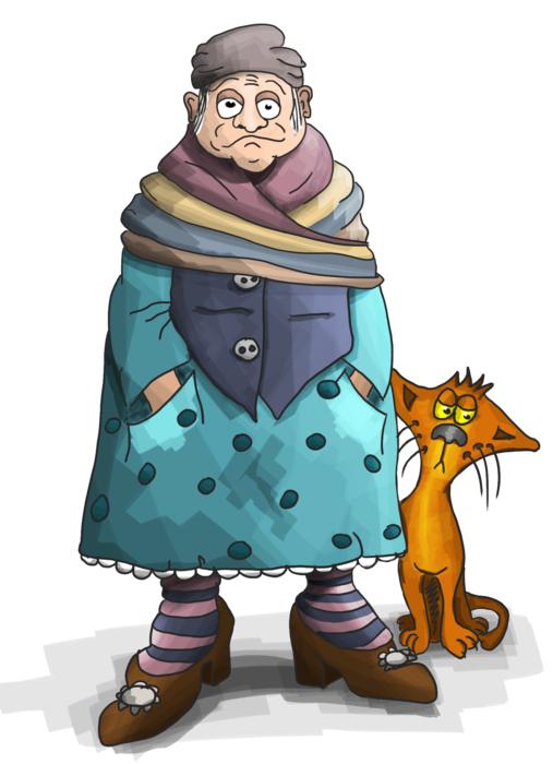 cartoon grandmother with cat on white background