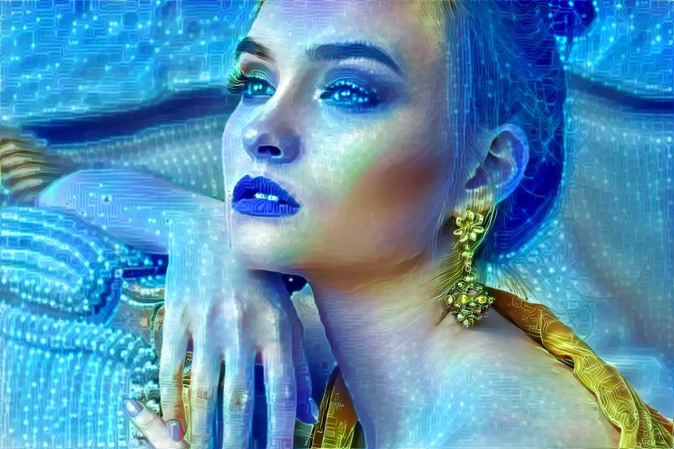 Drawing of the woman with colorful skin and gold earrings