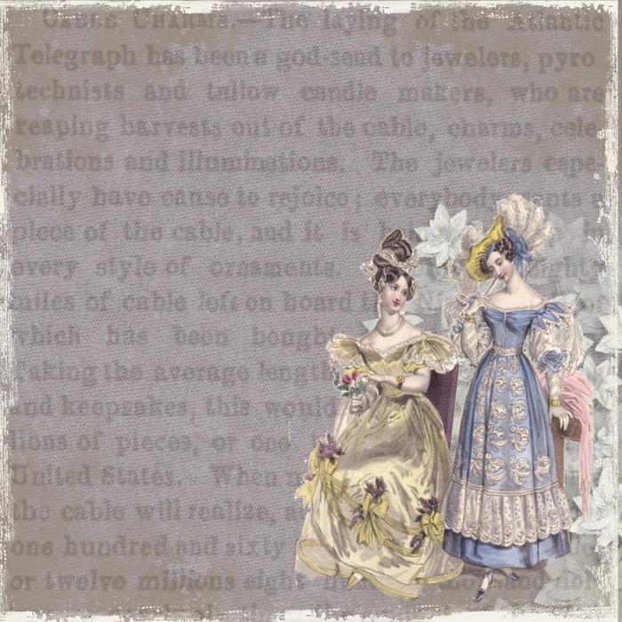 Women in beautiful and colorful, vintage dresses at background with the text