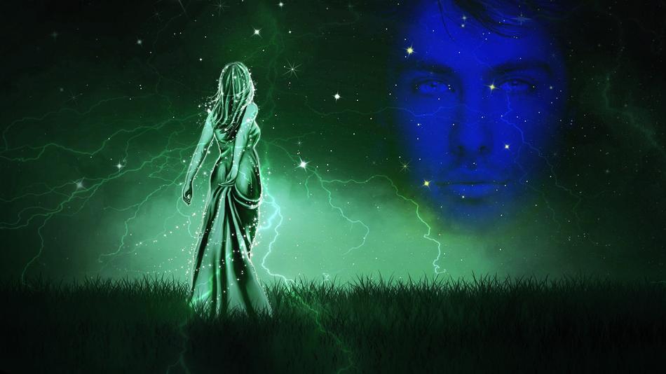 Beautiful woman in the dress, in green light with the lightning, and blue portrait of the woman, in the starry sky, clipart