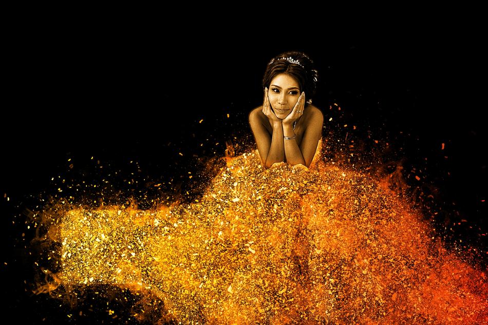 girl with a wedding dress made of gold