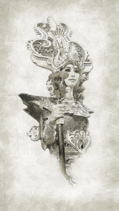 Beautiful, black and white drawing of the queen in costume festival, on the vintage paper