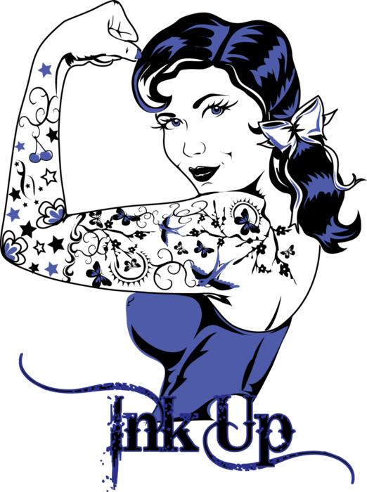 Drawing of a woman with tattoos, and 'Ink Up' sign at white background