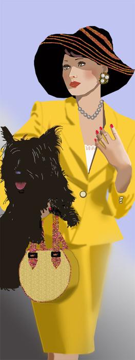 woman in yellow suit with black dog