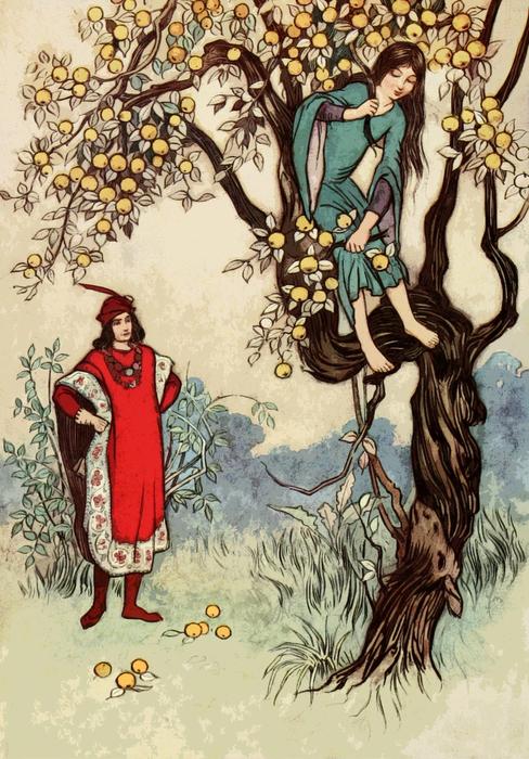 knight and girl on tree as book illustration