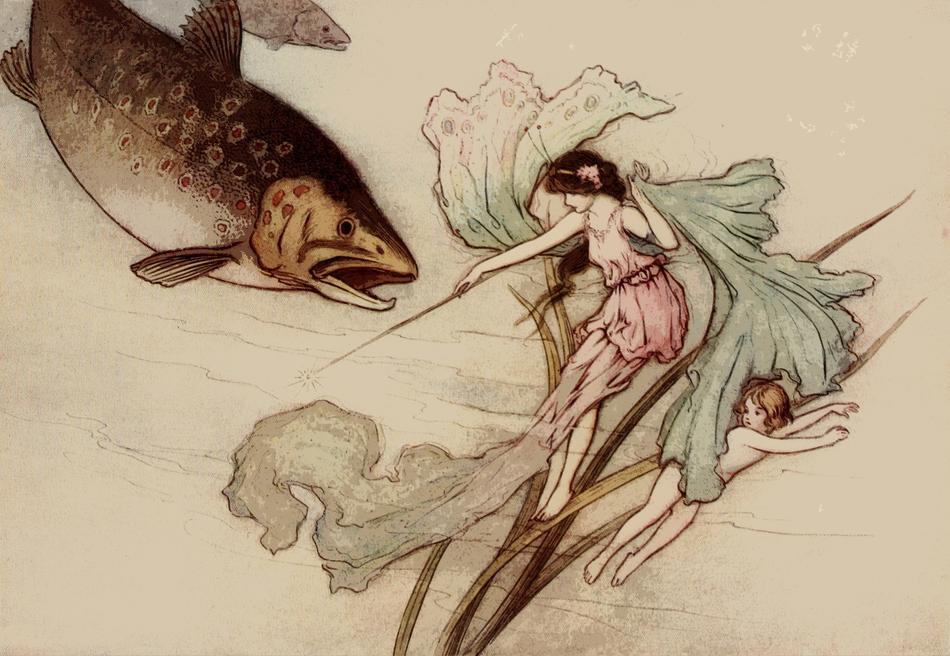 Beautiful and colorful, vintage drawing of the woman and fish