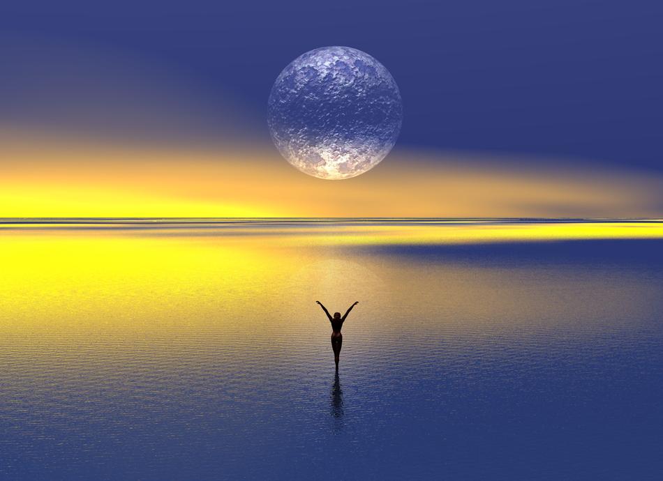 drawn girl on the surface of the evening sea against the background of a transparent moon