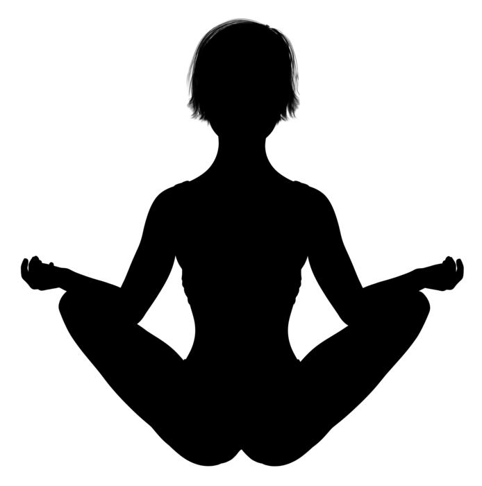 Black silhouette of the meditating woman, at white background, clipart