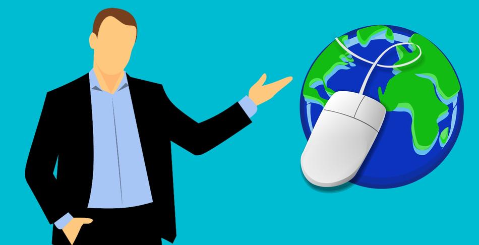 network, man pointing to globe with wire mouse drawing