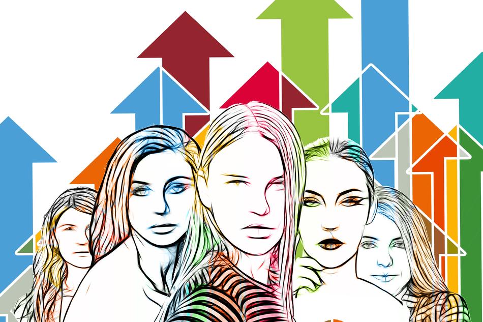 the image of women on the background of colored arrows