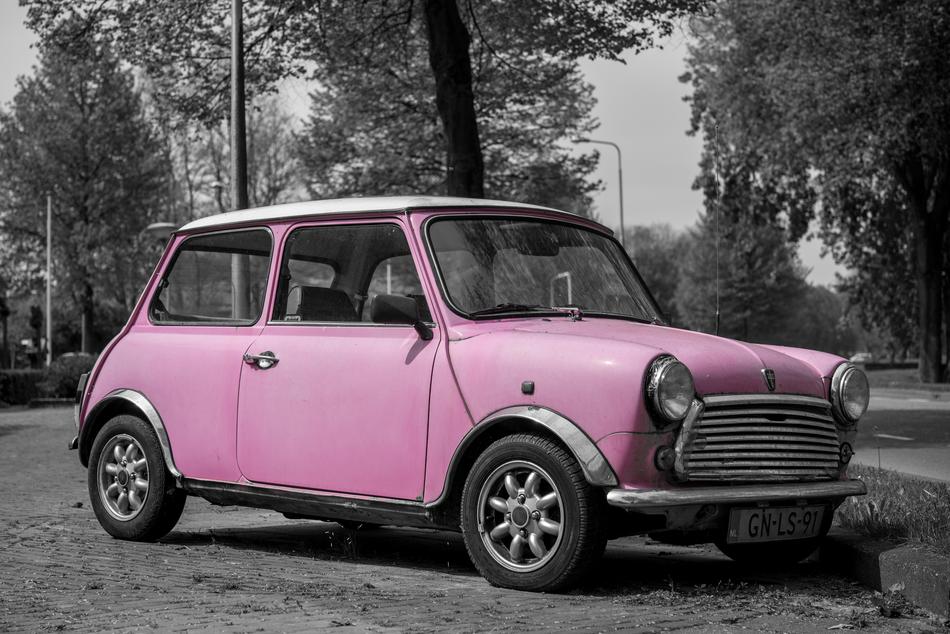 Beautiful, retro, pink mini car on the grass among the trees on black and white landscape