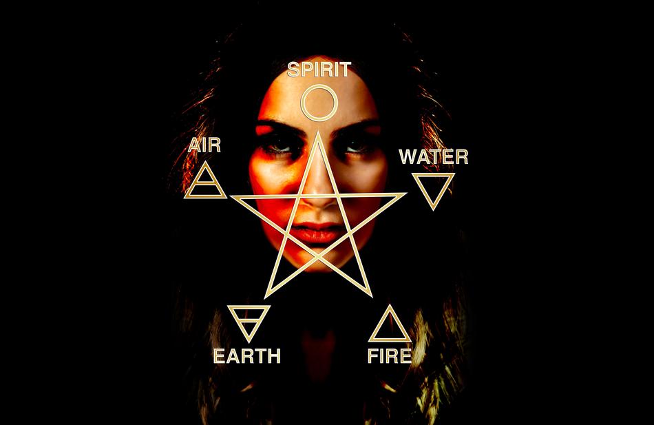 Portrait of the woman, among the elements, at black background, clipart