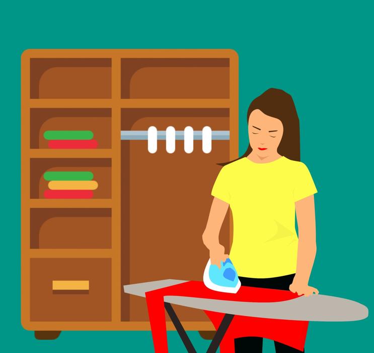 drawing of a girl with an iron near the cabinet