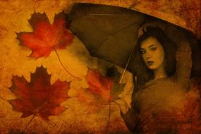 drawing of Autumn Girl with Umbrella