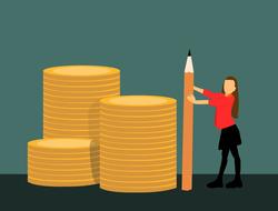 Colorful clipart with the woman, with the pencil, near the stacks of coins, clipart