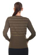 Back view of the woman in brown, striped clothing, at white background