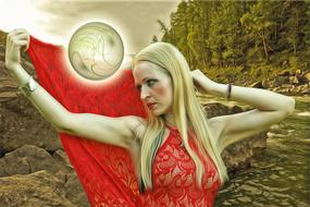 woman in red and full moon as fantasy