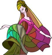 Beautiful drawing of the girl dancer in colorful, patterned dress, with closed eyes, clipart