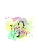 watercolor paints, girl with a cat