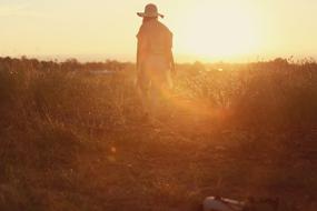 man on the background of the setting sun