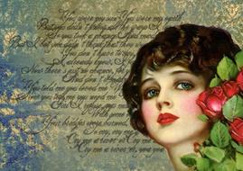 vintage background, lady face and roses