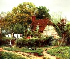 watercolor drawing of a cottage next to trees
