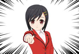 Manga drawing of a cute girl, pointing forward with the finger, at white and black background