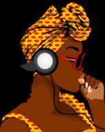 stylish african woman with earphones on head drawing