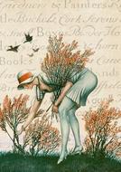 flapper, stylish girl picking flowers,vintage drawing
