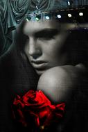 monochrome portrait of a girl and a red rose on the background of the scene