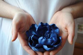 brooch in the form of a blue bud in the hands of a girl