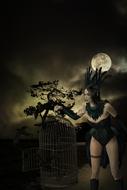 mystical image of a woman with a birdcage against the background of a full moon