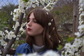 portrait of girl and Flowered Tree