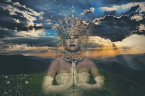 fantastic image of a bride in a crown against the backdrop of the alpine mountains