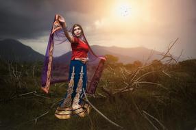 girl in oriental clothing posing at Sunset, digital art