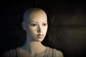 Portrait of the woman mannequin, in light, at background with shadows