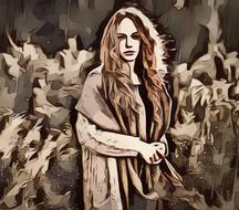 Beautiful painting of the beautiful woman in coat, in the rain, clipart