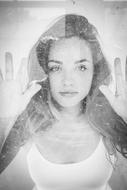 black and white, beautiful girl looking through glass