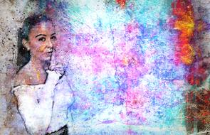 Colorful painting with the woman holding finger, at colorful background, clipart