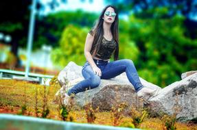 Fashion model in Jeans on street