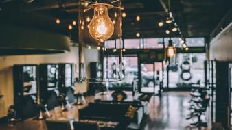 salon interior with lamps in blurred background