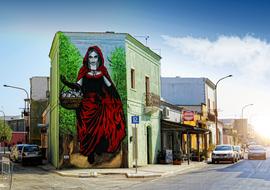 little red riding hood, graffiti on the wall of the building