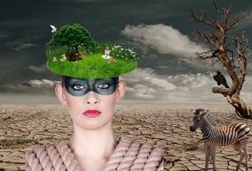 fantasy, a woman with a green glade on her head in the desert