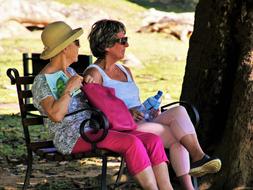 Pair of women, sitting on the bench, near the tree, among the colorful plants and rocks, in shadow