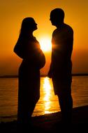 pregnant woman and man on the background of golden sunset