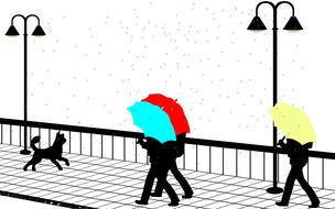 Silhouettes of the people, with colorful umbrellas, walking on the path with the dog, fence and lanterns, in rain, clipart