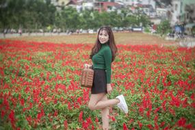 vietnamese girl on the field with red flowers