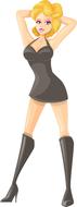 comic character, blonde woman in black dress and boots