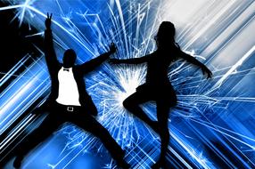 silhouettes of dancing couple on blue background