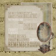 Vintage clipart with the gramophone and words, at background with music notes
